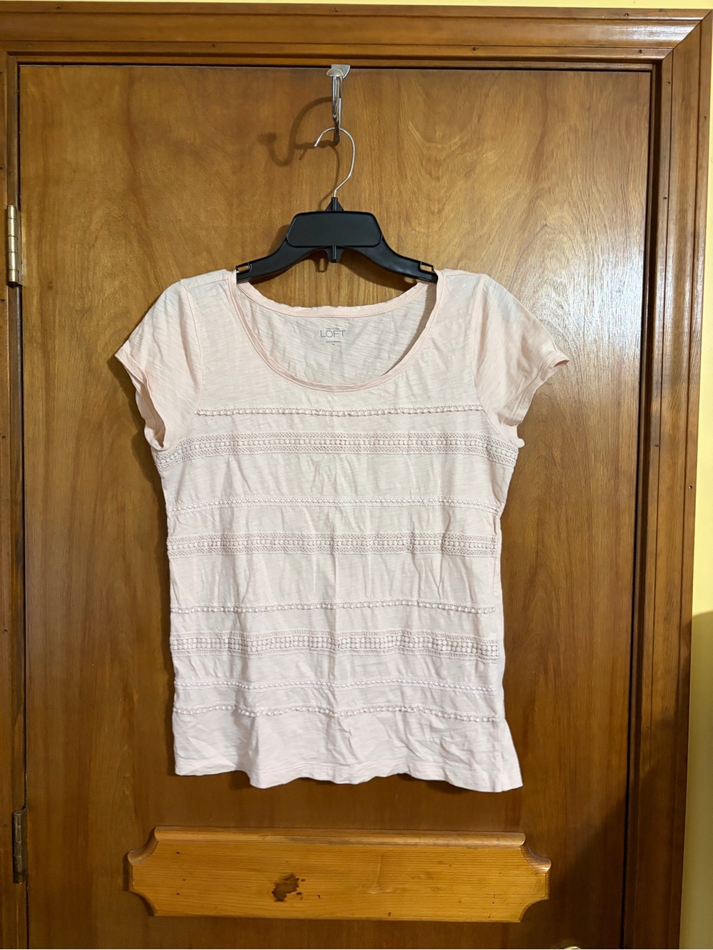 LOFT Light Blush Short Sleeve Crochet Stripe Tee